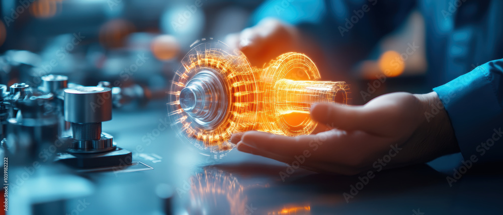Poster innovative engineers manipulating 3d holographic models of complex machinery, showcasing advanced te