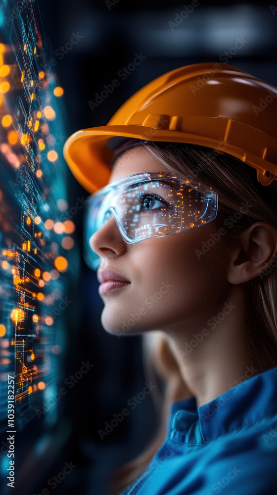 Poster innovative engineer wearing hard hat and safety glasses, focused on programming and monitoring indus