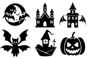 set of icons for halloween vector illustration. black house, and bats silhouette culture