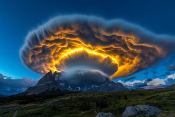 Fototapeta premium Torres del Paine under a stormy night sky, with lightning illuminating the peaks and dark clouds swirling above the rugged terrain
