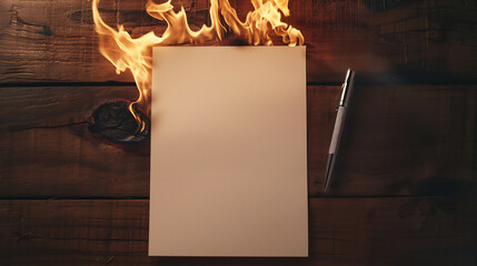 burning blank paper with pen on wood table, note or quote mock up version 8