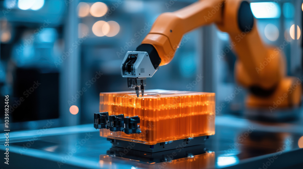 Aufkleber automated robotic arm assembling bright orange component in modern factory setting, showcasing advan