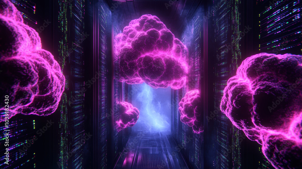 Poster futuristic cloud server farm with glowing data streams creates vibrant and immersive digital environ