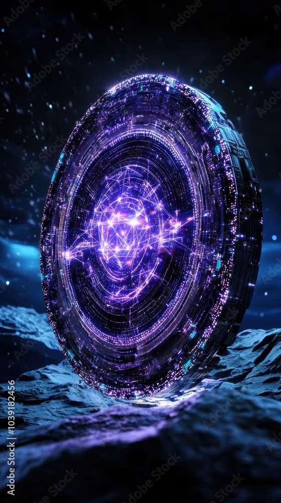 Poster futuristic technology concept featuring glowing, circular interface with intricate patterns and vibr