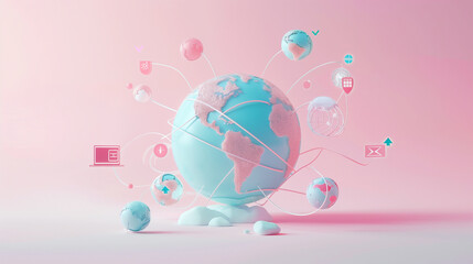 Obraz premium 3D globe with interconnected icons symbolizing global communication and technology