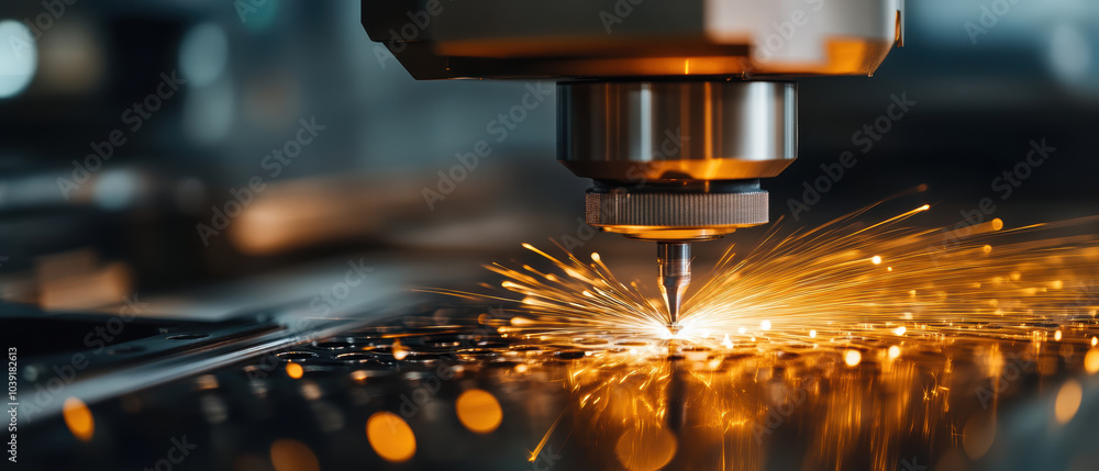 Poster high tech milling machine in operation, cutting through metal with precision and creating sparks. ad