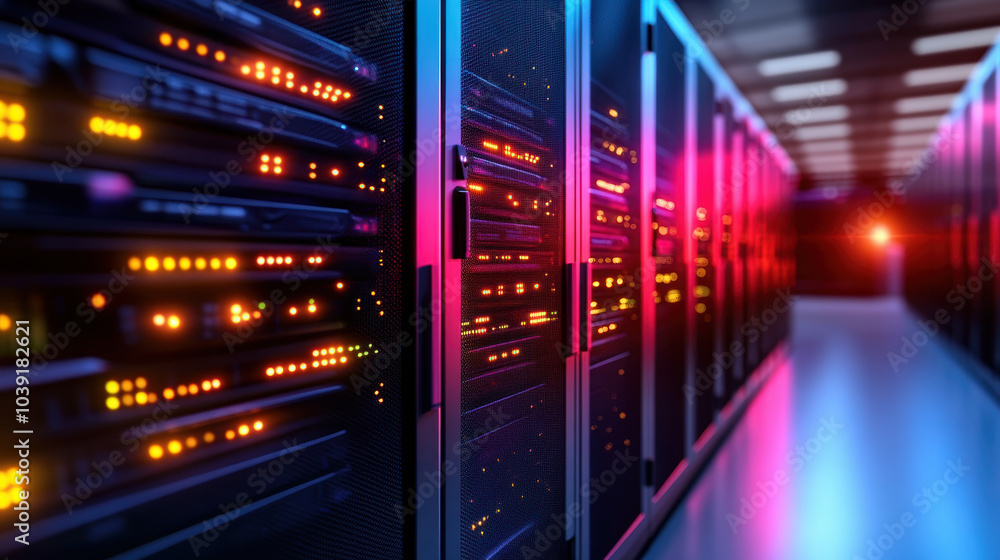 Poster high tech server room with glowing data centers and illuminated racks, showcasing advanced technolog