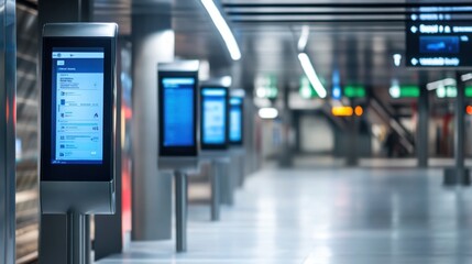 An advanced urban public transport station with smart ticketing systems and digital displays providing real-time schedule updates, Innovative transit theme, Clean style