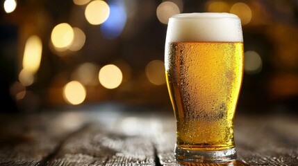 Cold Beer in Glass with Bokeh Lights on Wooden Table