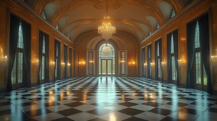 Obraz premium A grand ballroom with a checkered floor, ornate chandeliers, and large windows.