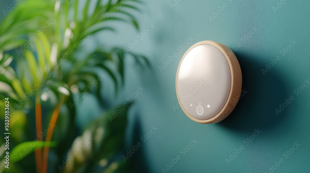 Poster smart thermostat adjusting room temperature, blending modern design with functionality. sleek device