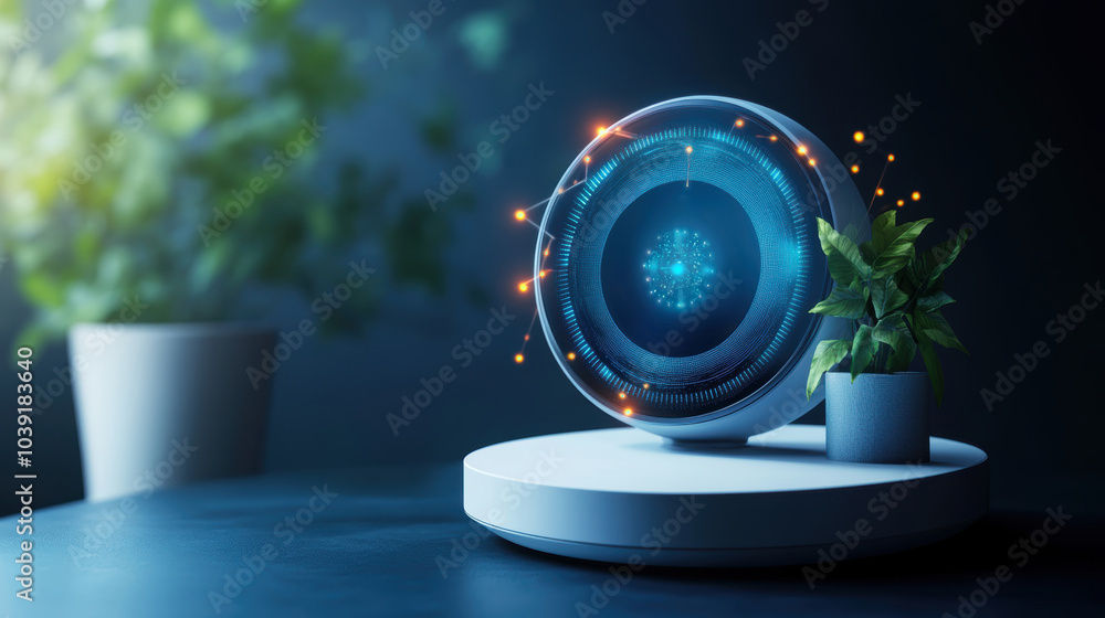 Poster smart thermostat adjusting room temperature with sleek design and vibrant display. device is surroun