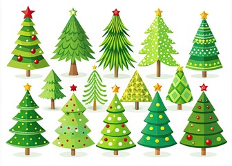 Vibrant flat-style pine tree icons perfect for eco-friendly designs, banners, logos, and cards. Charming vector illustrations of decorative green trees for festive projects.