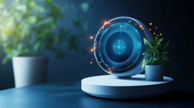 Smart thermostat adjusting room temperature with sleek design and vibrant display. device is surrounded by greenery, enhancing modern and tech savvy atmosphere