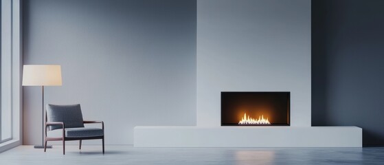 Modern living room with a cozy fireplace, minimalist design, and elegant lighting.