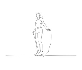 Single continuous line drawing young woman  jumping with skipping rope illustration