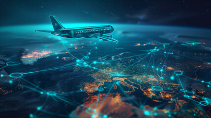 Fototapeta premium Airplane flying over a digitally illuminated global map with network connections and data points