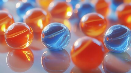 Colorful Glass Marbles Scattered on Reflective Surface  Abstract Background