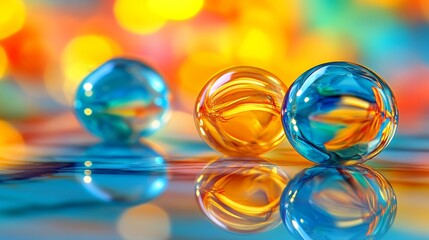 Colorful Glass Marbles Reflecting on a Shiny Surface with Bokeh Background