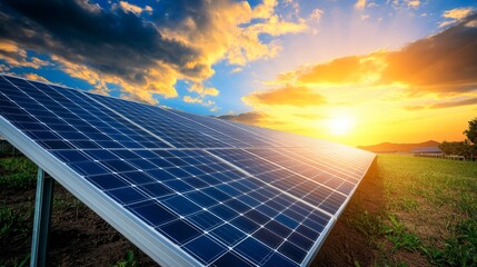 Solar Panels in Desert at Sunset with Vibrant Colors