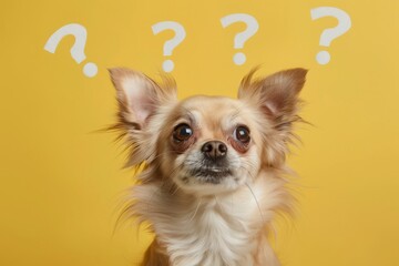 Cute confused little dog with question marks isolated on yellow background. MZ