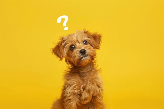 Cute confused little dog with question marks isolated on yellow background. MZ