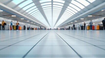 Fototapeta premium A wide view of a spacious airport terminal showcasing modern architecture and bustling travelers.