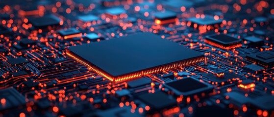 Abstract close-up of a circuit board with glowing elements in blue and red colors, isolated on a dark background.