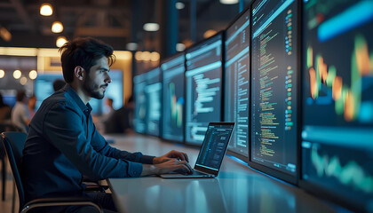 laptop screen, some hands typing on it, creating code