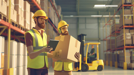 Workers organizing packages in a warehouse using clipboard and forklift for inventory management