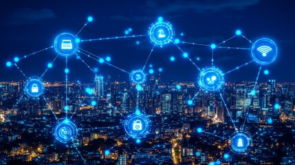 Smart City Network Concept   Connected Cityscape with Technology Icons