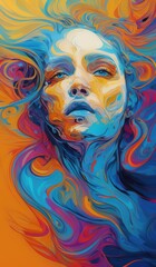 a painting of a woman with colorful hair and a blue face