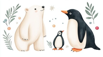 Obraz premium Cute polar bear and penguin surrounded by seasonal elements on white background.