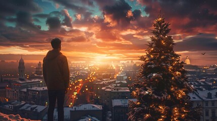 Fototapeta premium Standing by a festive Christmas tree, a man looks out at the city's holiday lights.