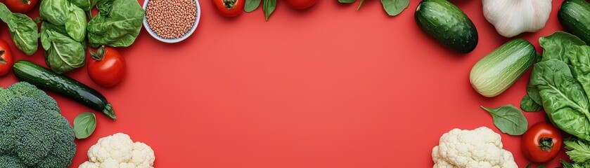 Obraz premium Fresh vegetables arranged on a vibrant red background, perfect for healthy recipes or cooking inspiration.