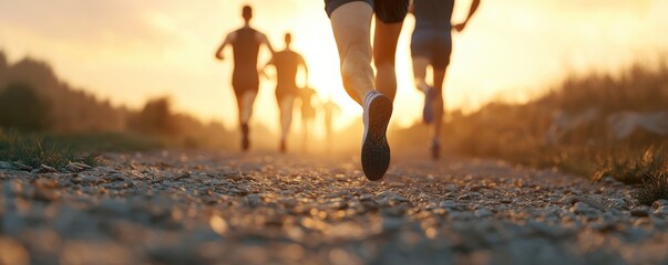 Group of runners on a rocky path during sunset, conveying movement and energy in a scenic outdoor setting.