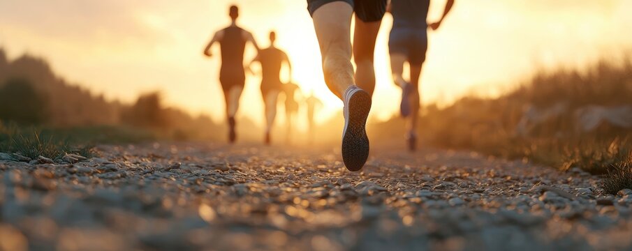 Group of runners on a rocky path during sunset, conveying movement and energy in a scenic outdoor setting.