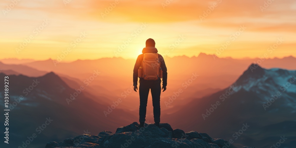 Wall mural hiker standing on mountain peak at sunrise, enjoying breathtaking scenic view, vibrant colors of nat