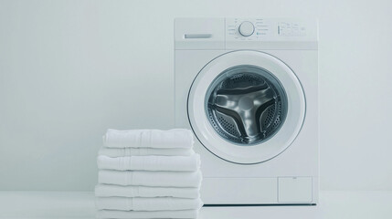 Clean and Fresh: A pristine white washing machine stands ready for a load of laundry, with a stack of fluffy white towels beside it, symbolizing the promise of clean and fresh linens.  