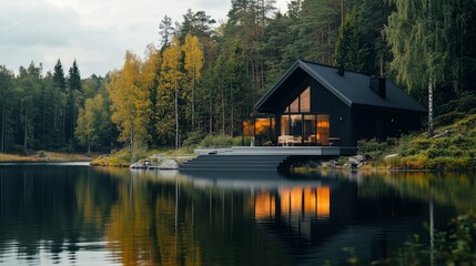 Fototapeta premium Cozy Scandinavian cabin by a lake, with large windows, minimalistic design, and pine trees