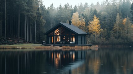 Obraz premium Cozy Scandinavian cabin by a lake, with large windows, minimalistic design, and pine trees