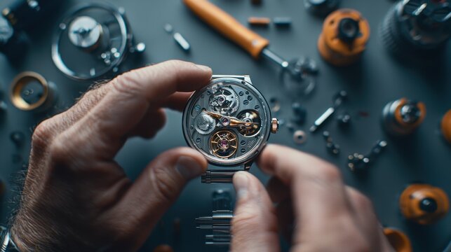 Mastering Precision: Close-up of Hand using Watch-Opening Tool to Reveal Intricate Mechanical Movement of High-End Timepiece