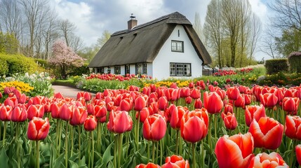 Dutch farmhouse with thatched roof, whitewashed walls, and a garden full of tulips