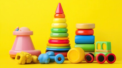 Colorful Wooden and Plastic Toys on Yellow Background