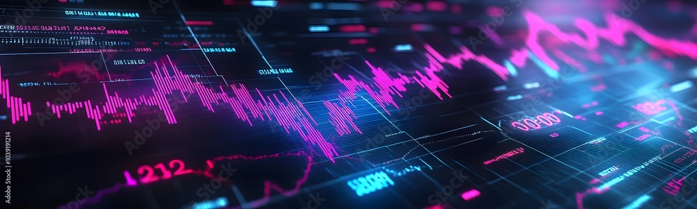 Poster a vibrant digital visualization of data trends featuring neon pink and blue lines, conveying the dyn