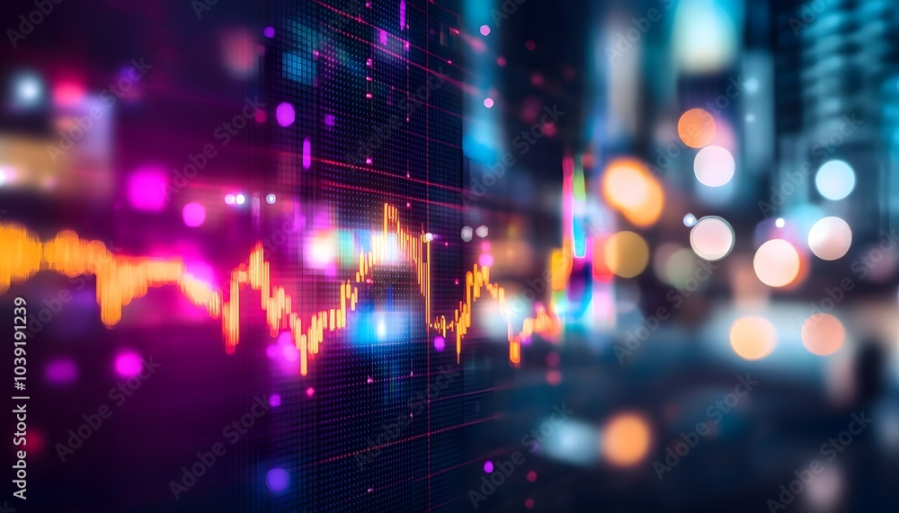 Poster A colorful digital waveform graphic with vibrant bokeh effects, representing sound visualization in a dynamic urban environment.
