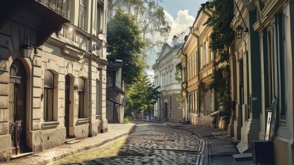 Obraz premium Street view of the old town of Lviv, Ukraine. Old city street.
