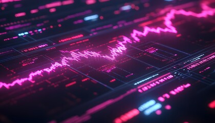 A vibrant digital visualization of fluctuating data trends, characterized by pink waves and a futuristic interface.