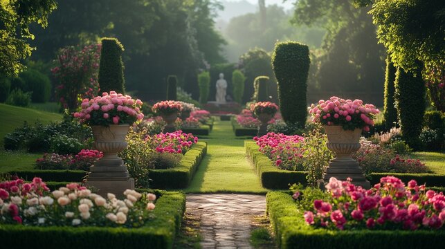 Formal English garden with geometric flower beds, stone statues, and a topiary maze