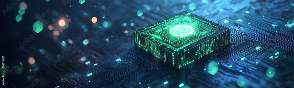 Poster a glowing green microchip embedded in a futuristic circuit board, surrounded by digital data particl